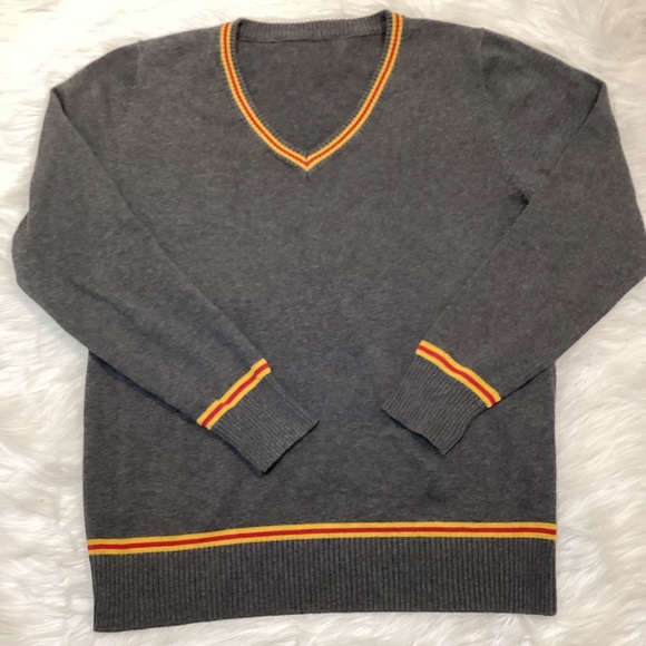 Women’s Grey VNeck Long Sleeves Pullover Ribbed Knit Sweater Yellow Red Stripes - Picture 1 of 4